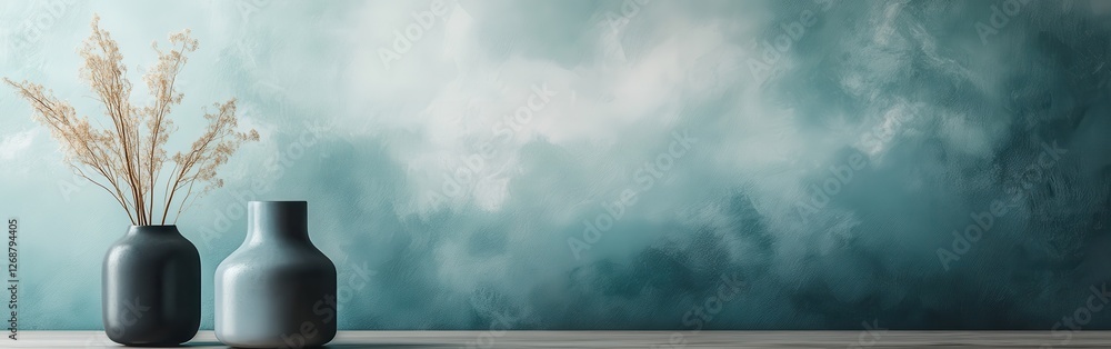 Poster elegant teal and gray mist with decorative vases and dried flowers in a tranquil setting