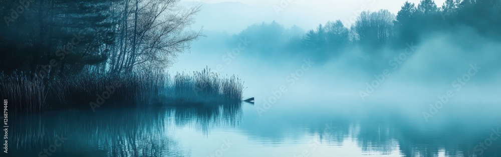 Poster mist enveloping a tranquil lake with soft blue and teal hues in a serene natural setting