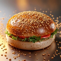 A Perfectly Stacked Delight: Sesame Seed Bun Embracing Freshness: Layers of vibrant green lettuce and juicy red tomato peek from within a golden, sesame-studded bun, promising a delicious and satisfyi