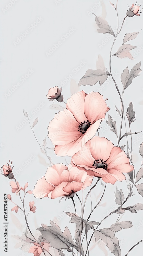 Poster delicate pastel pink flower sketches creating a soft, serene atmosphere in an artistic composition