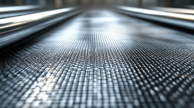 Close-up view of a textured surface passing through metallic rollers