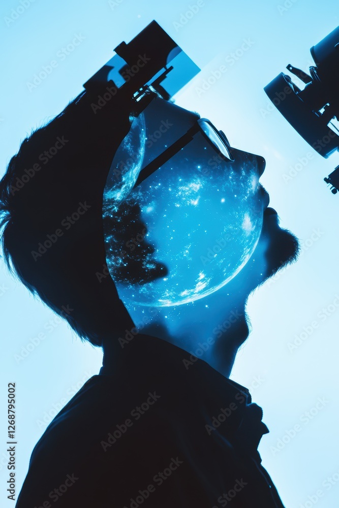 Poster scientist with microscope exploring space concept, double exposure image of researcher and galaxy, i