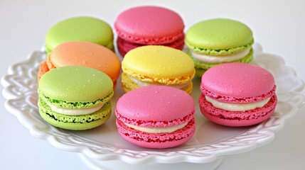 Fototapeta premium Assortment of Colorful Macarons on White Plate: Delicate French Pastries in Pastel Shades of Pink, Yellow, Green, and Orange. Sweet Treats, Delicious