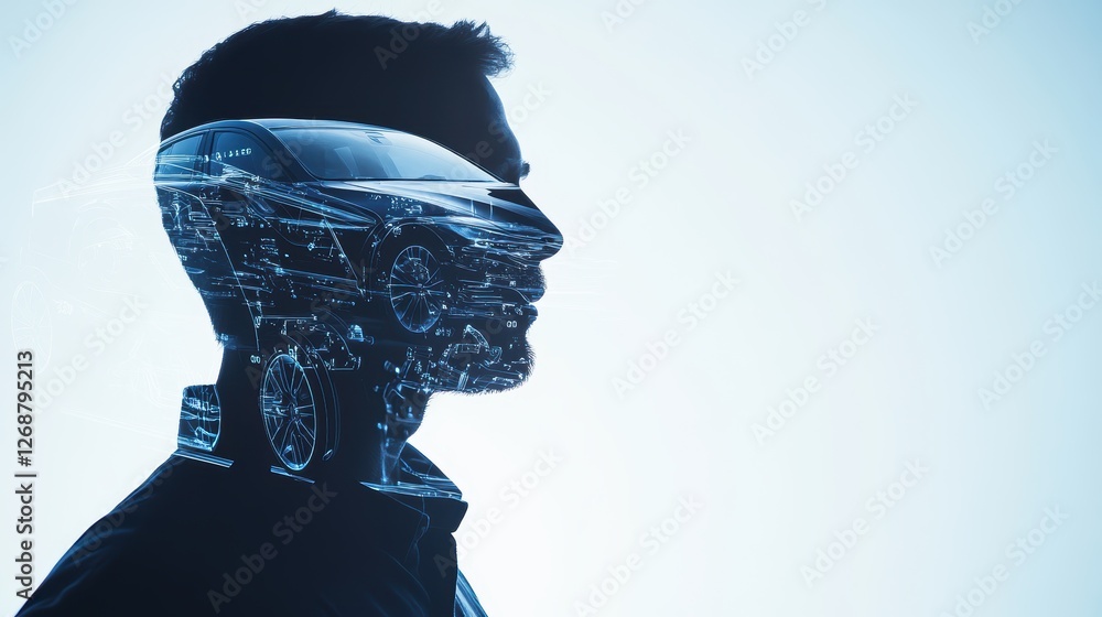 Poster silhouette of a man with digital technology overlay, representing artificial intelligence, robotics,