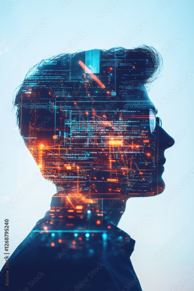 Poster silhouette of a man with digital data visualization, representing technology, innovation, and artifi