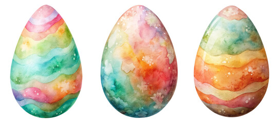 Vibrant watercolor eggs, colorful pastel patterns, festive spring decoration, artistic design, Easter celebration, creative illustration.