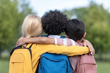 Diverse students friends with arms around each other wearing backpacks. Close friends hugging.
