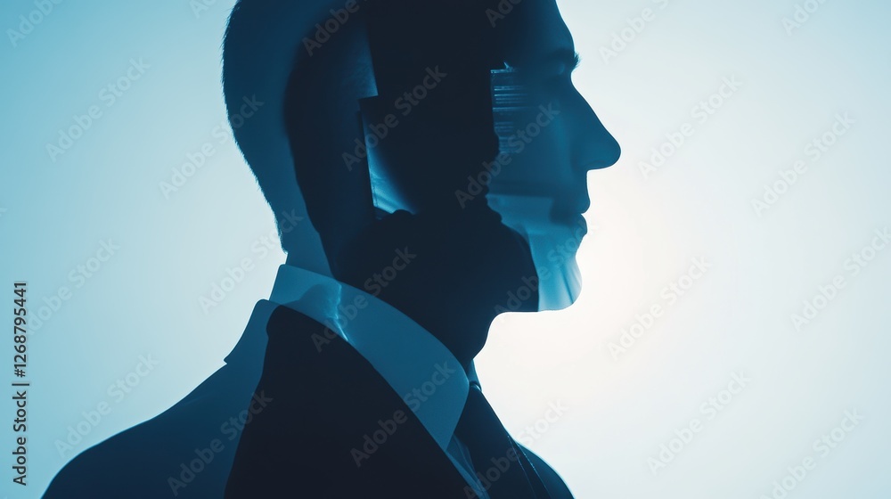 Poster silhouette of a robotic figure in a business suit symbolizing ai integration and future technology i