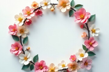 Delicate Blossom Wreath A Circular Arrangement of Pastel Pink, Peach, and White Flowers on a Clean White Background, Ideal for Springtime Designs and Celebrations.