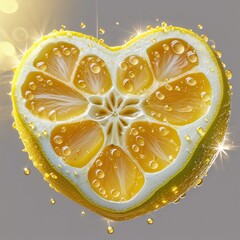 A Zest for Love: A Heart-Shaped Lemon Slice, Revealing its Juicy Interior and Vibrant Yellow Hue, a Symbol of Sweet and Sour Affection.
