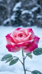Elegant rose-like flower in a frozen landscape, white, snowy, winter