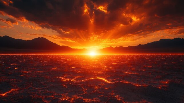 Fiery sunset over a vast, textured landscape, with dramatic clouds and sun rays.