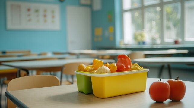 A vibrant lunch box filled with fresh fruits and vegetables sits on a table in a sunny, well-lit classroom. The cheerful atmosphere invites healthy eating