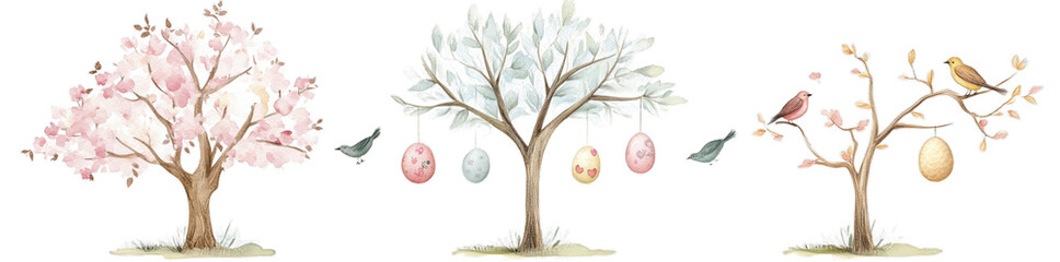 Fototapeta premium Watercolor trees with pastel blooms and hanging easter eggs