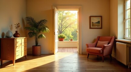 Serene sunlit interior with open doorway revealing tranquil garden view and comfortable armchair