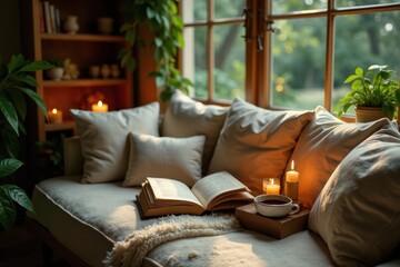 Peaceful Afternoon Relaxation on a Cozy Window Seat with a Book and Warm Drinks