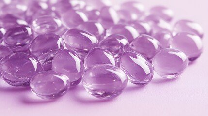 A close-up of water droplets on a purple gradient surface, reflecting light.