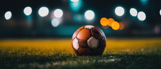 Fototapeta premium Soccer ball on field at night with blurred lights, perfect for sports photography, soccer training, and outdoor activity promotions.