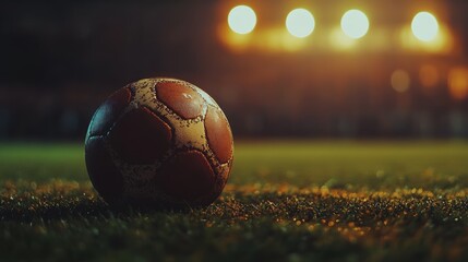 Fototapeta premium Soccer Ball on Grass Field Under Stadium Lights at Night, Football Game Action Shot, Sports Photography for Events and Promotions