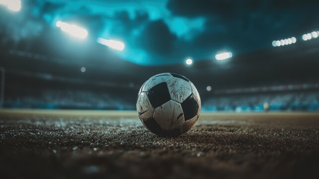 Soccer ball on the pitch under stadium lights at night, perfect for sports marketing, event promotion, and football-themed projects.