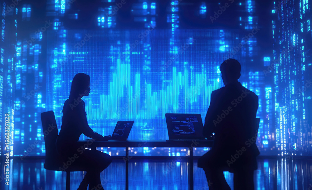 Aufkleber two silhouetted figures working on laptops before a large blue data screen showing stock market data