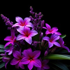 Exotic flower arrangement in shades of purple, plant life, dark background