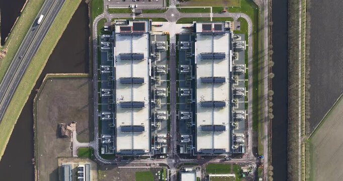 Aerial view of Data center in Amsterdam Science park  with large internet and data storage buildings