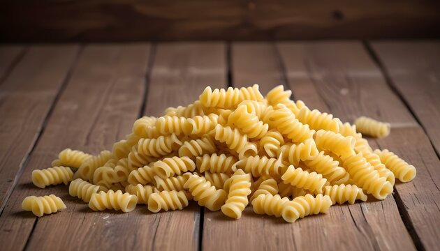 Uncooked Pasta Fusilli on a wooden table