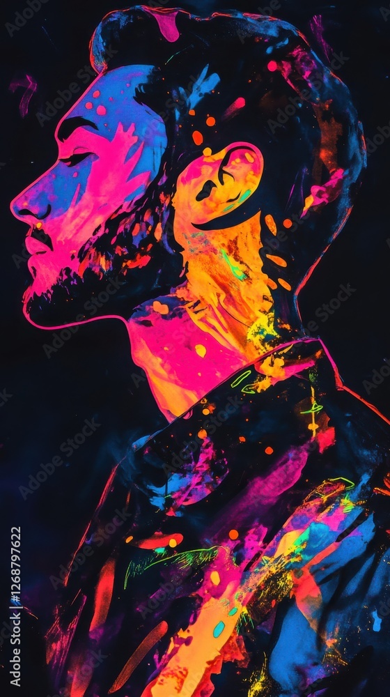 Poster vibrant portrait of a man illuminated with colorful patterns showcasing artistic expression in a cre
