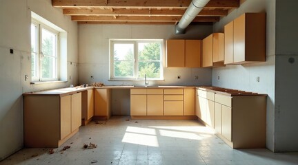 Unfinished Kitchen Renovation Light Streams into a Room with Newly Installed Cabinets and a Partially Completed Countertop, Ready for the Final Touches of a Modern Home