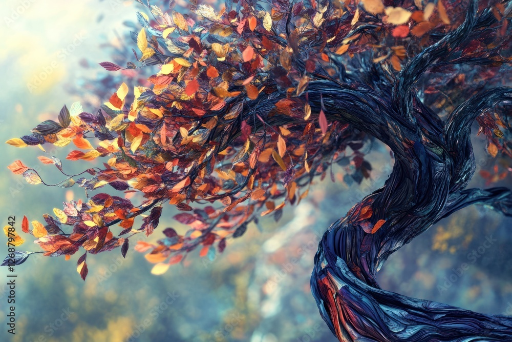 Wall mural artistic rendering of a colorful tree with dynamic, textured 3d leaves and flowing branches, ideal f