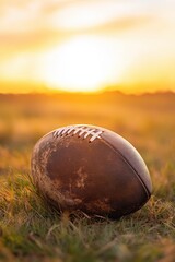 American football at sunset on a grassy field, perfect for sports themes, outdoor activities, or autumn season content in photography.