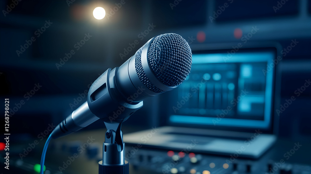 Poster detailed close-up of a microphone and computer in a modern recording studio setup.