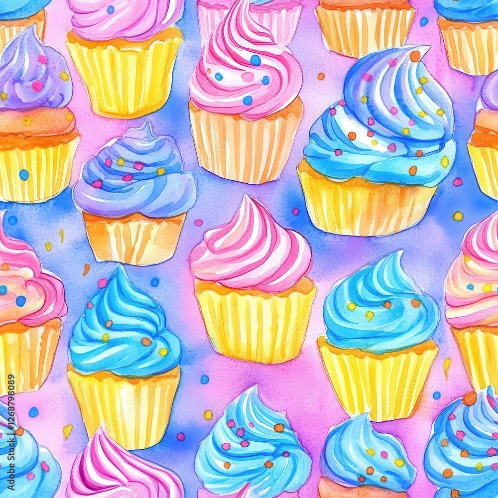 Poster vibrant watercolor cupcake doodles create a delightful pattern bursting with color and charm
