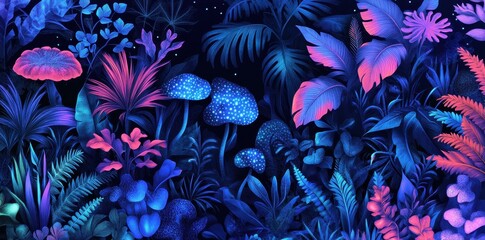 Vibrant neon mushrooms and tropical flora in a dark jungle