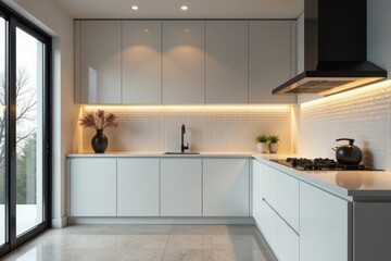 Fototapeta premium Modern minimalist kitchen design with sleek white cabinets, integrated appliances, and subtle lighting features a calming atmosphere