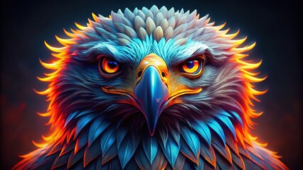 Obraz premium A large eagle with bright neon feathers and a massive glowing pair of eyes that appear to be looking directly at the viewer in a fierce stance , Intense, Wild
