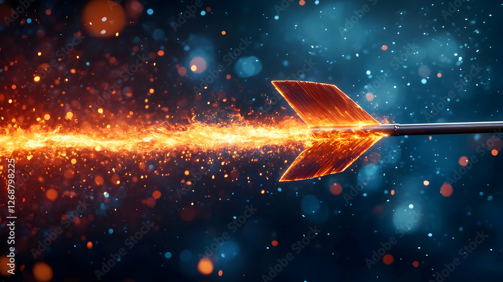 Poster dynamic close-up of a fiery arrow soaring through a vibrant background.