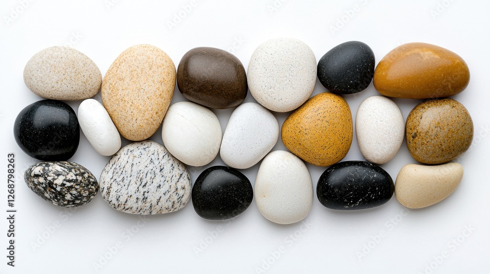 Poster a collection of 15 different colored rocks arranged in a horizontal row.