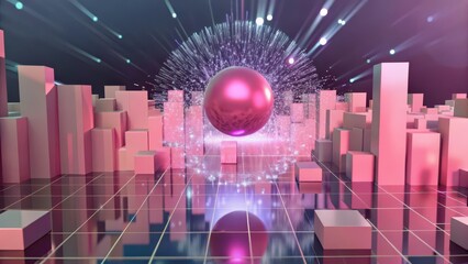 Abstract Cityscape with Glowing Sphere