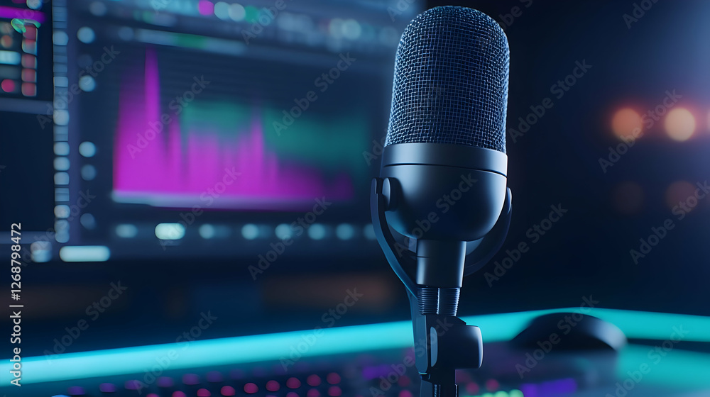 Poster dynamic studio microphone with audio editing software in the background, perfect for creators.