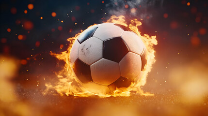 Naklejka premium Dynamic soccer ball engulfed in flames, representing energy and passion for the sport.
