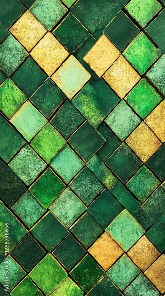 Poster textured geometric pattern featuring interlocking green and gold tiles, showcasing natural shades an