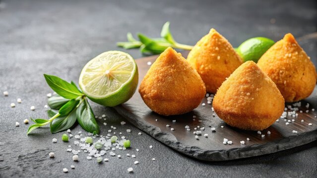 Crispy fried coxinhas de frango on a grey background with a sprinkle of salt and a slice of lime on top, fried chicken, delicious