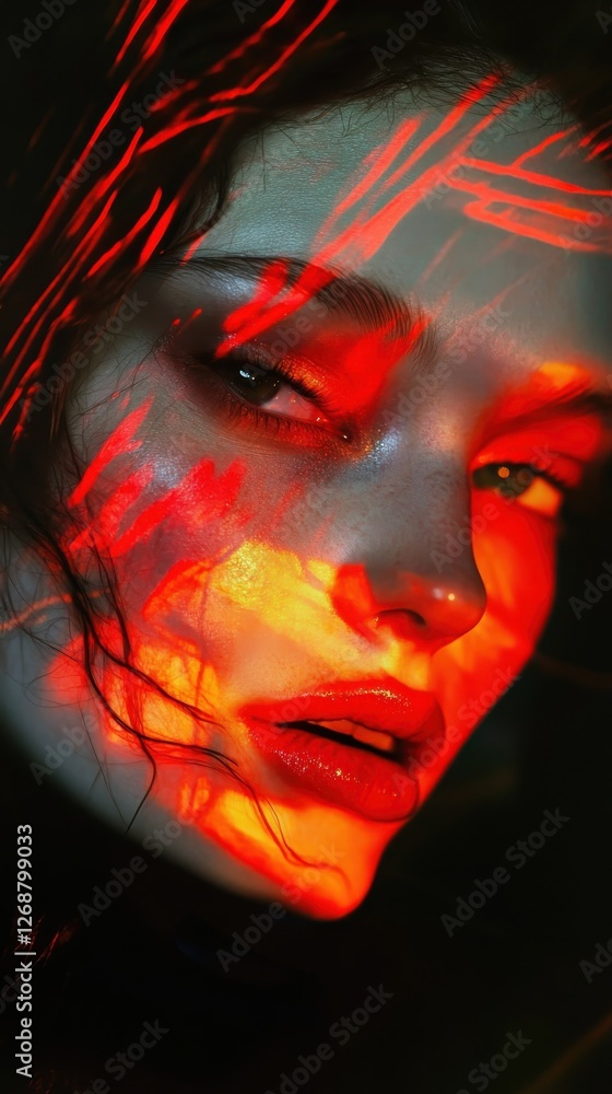 Poster Surreal model face illuminated with vibrant colors and abstract patterns in dim lighting