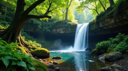 Serene Waterfall Cascading Through Lush Forest, Sunlight Dappling the Emerald Pool Below