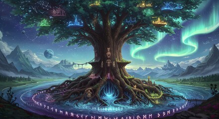 Fantasy World Tree Landscape with Runes and Aurora Borealis Sky