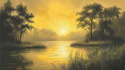 Fototapeta premium Golden Hour Sunset Over Serene Lake and Trees