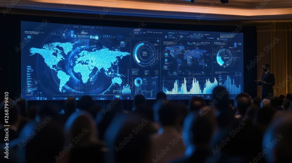 Poster global conference on data analytics showcasing real-time visualizations of world metrics and trends