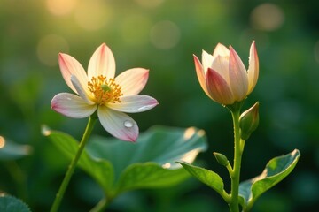 Fototapeta premium Golden hour illuminates delicate blossoms, showcasing nature's artistry with a morning dewdrop